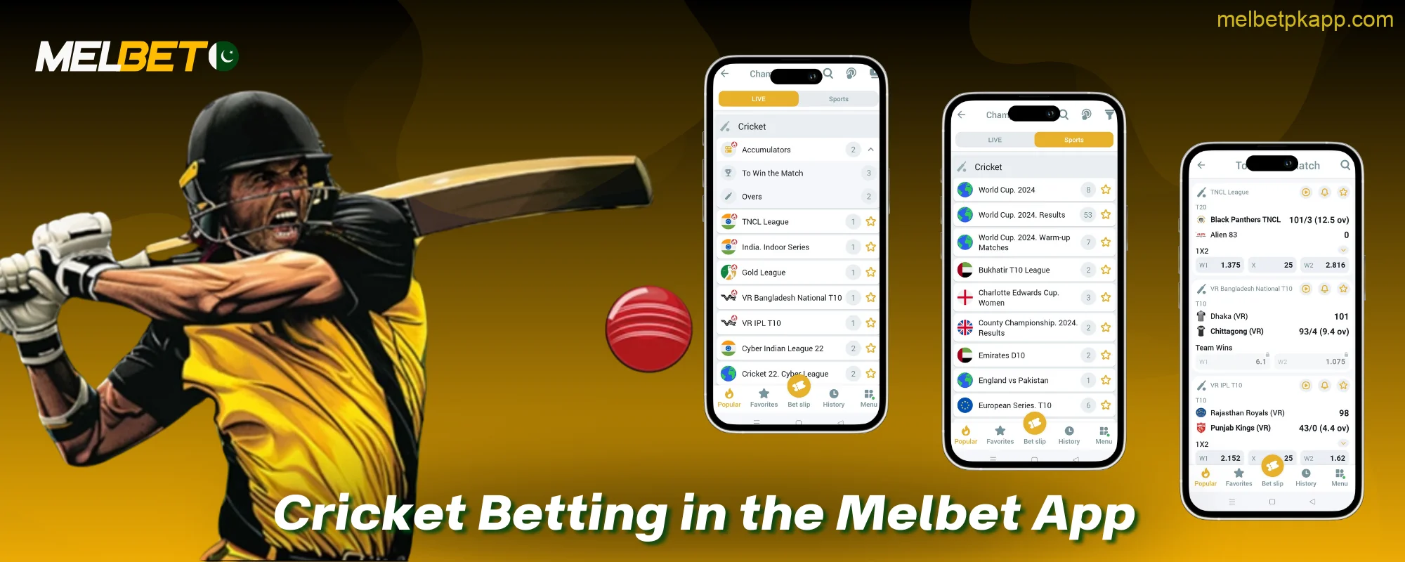 Users from Pakistan can place bets on cricket in the Melbet app